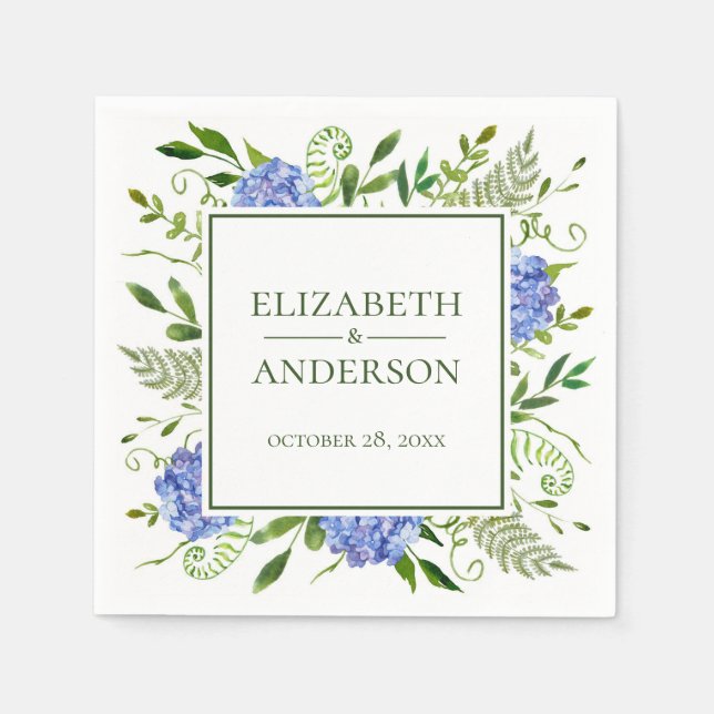 Blue Hydrangeas Floral Watercolor Wedding Napkin (Front)
