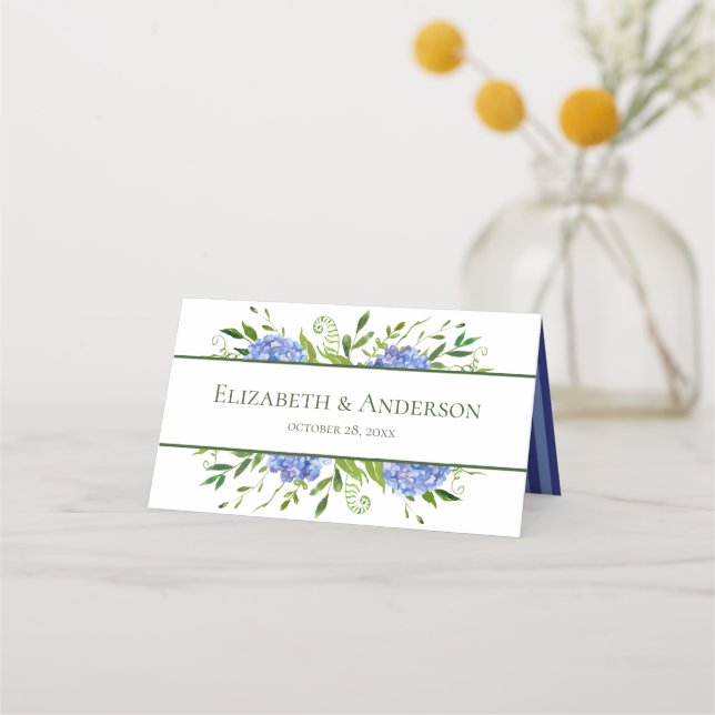 Blue Hydrangeas Floral Watercolor Wedding Place Card (Back)