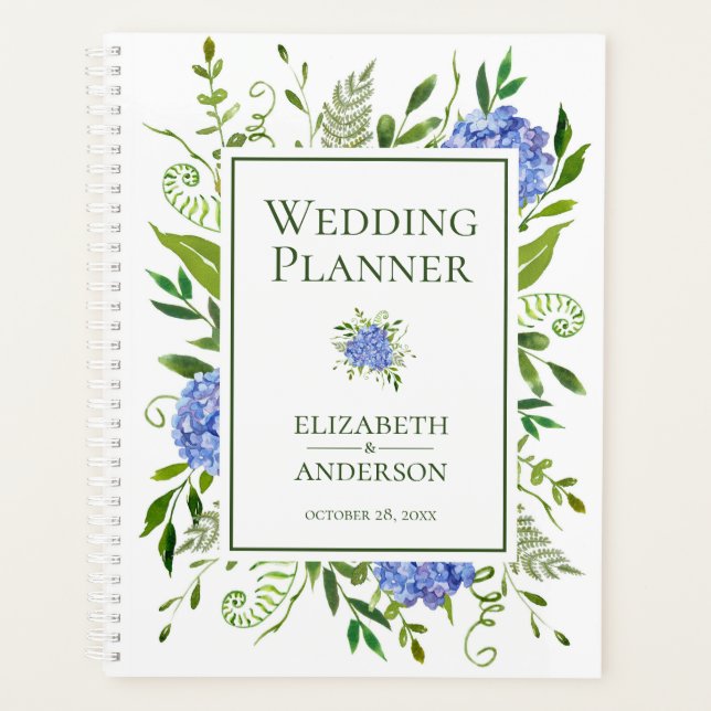 Blue Hydrangeas Floral Watercolor Wedding Planner (Front)