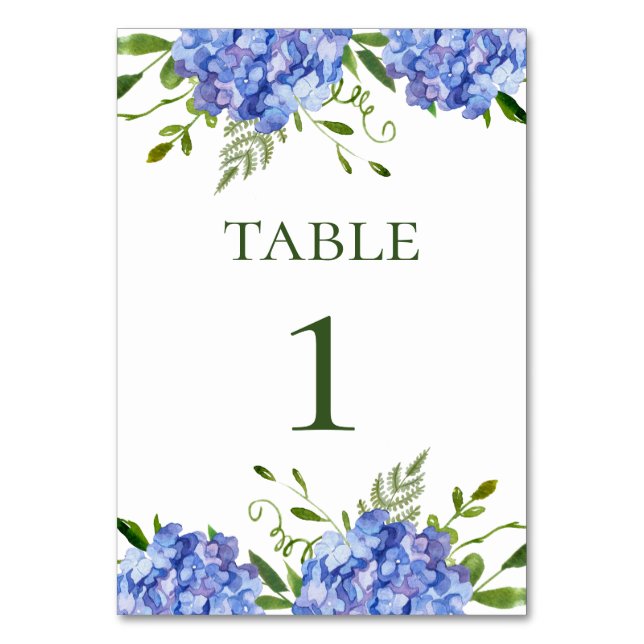 Blue Hydrangeas Floral Watercolor Wedding Table Number (Front)