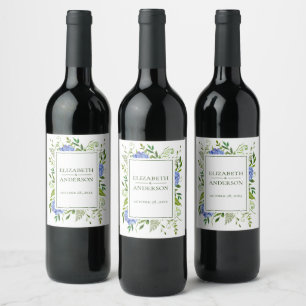 Blue Hydrangeas Floral Watercolor Wedding Wine Label