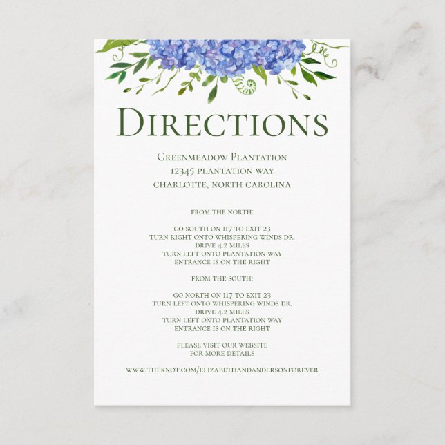 Blue Hydrangeas Floral Wedding Directions Enclosure Card (Front)