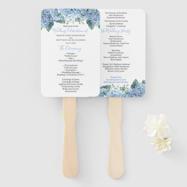 Blue Hydrangeas Floral Wedding Program Hand Fan (Front and Back)