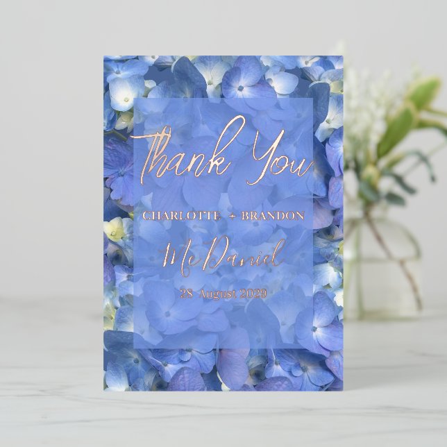 Blue Hydrangeas Floral Wedding Thank You (Standing Front)