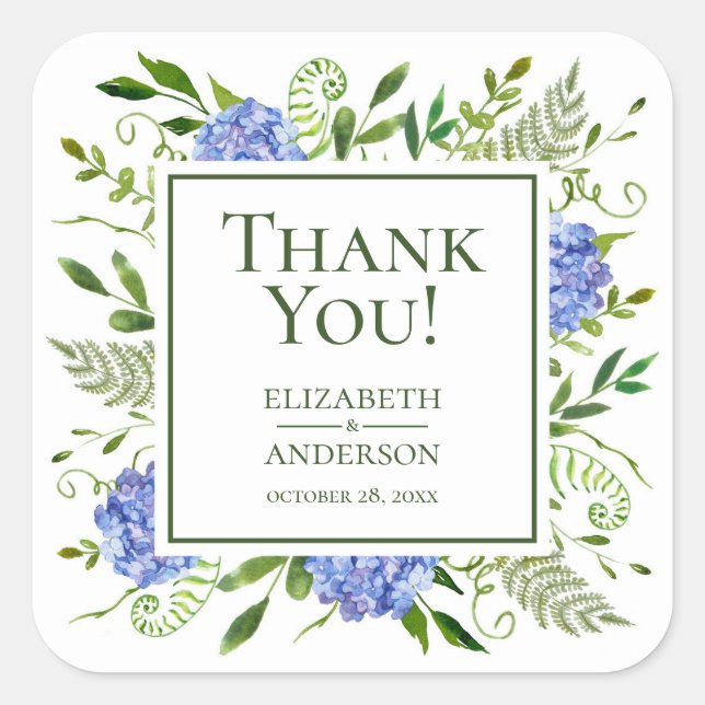 Blue Hydrangeas Floral Wedding Thank You Square Sticker (Front)