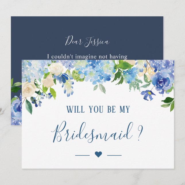 Blue Hydrangeas Floral Will You Be My Bridesmaid Invitation (Front/Back)