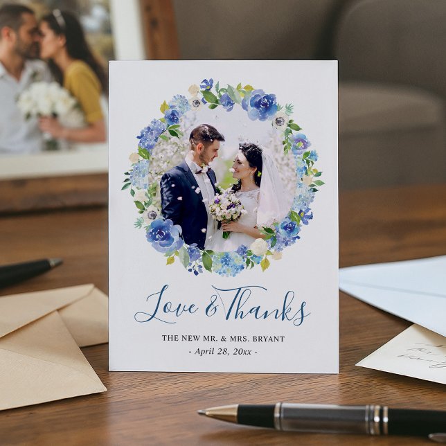 Blue Hydrangeas Floral Wreath Photo Thank You Card (Creator Uploaded)