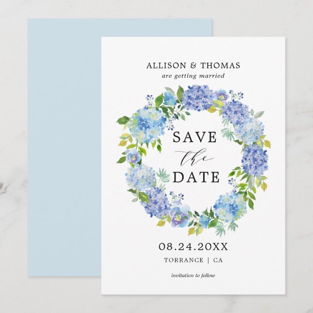 Blue Hydrangeas Floral Wreath Save the Dates Cards (Front/Back)