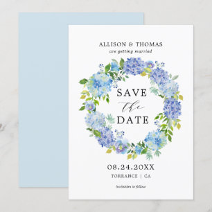 Blue Hydrangeas Floral Wreath Save the Dates Cards