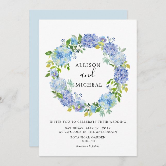 Blue Hydrangeas Floral Wreath Wedding Invitation (Front/Back)