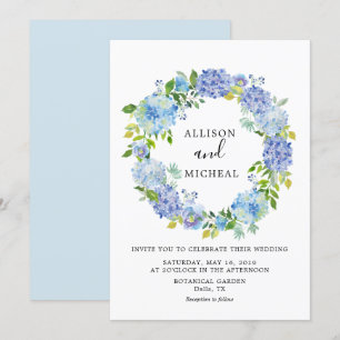 Blue Hydrangeas Floral Wreath Wedding Invitation