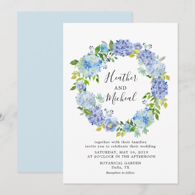 Blue Hydrangeas Floral Wreath Wedding Invitation (Front/Back)