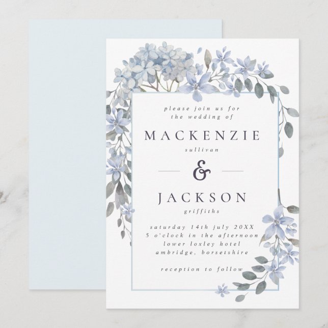 Blue Hydrangeas Frame Watercolor Wedding Invitation (Front/Back)