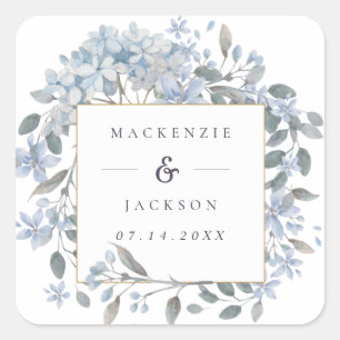 Blue Hydrangeas Frame Watercolor Wedding Square Sticker