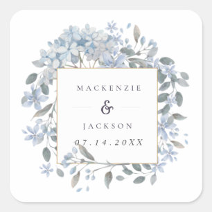 Blue Hydrangeas Frame Watercolor Wedding Square Sticker