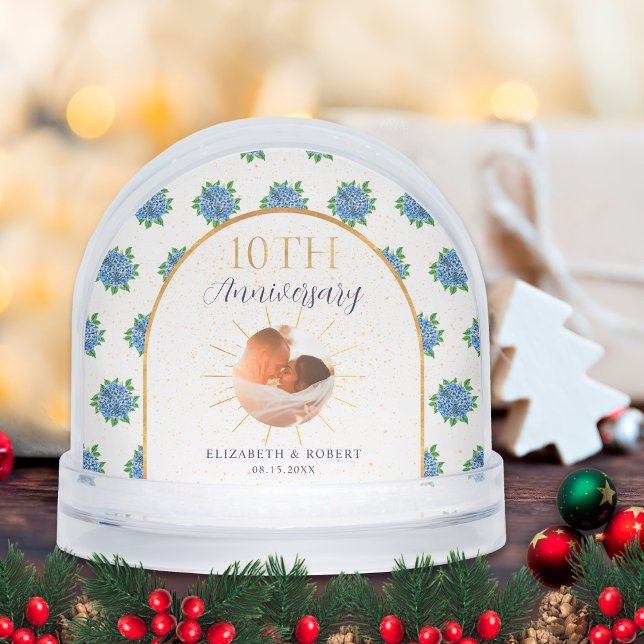 Blue Hydrangeas Gold Custom Photo 10th Anniversary Snowglobe (Creator Uploaded)