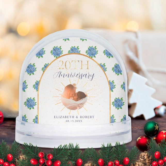 Blue Hydrangeas Gold Custom Photo 20th Anniversary Snowglobe (Creator Uploaded)