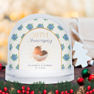 Blue Hydrangeas Gold Custom Photo 30th Anniversary Snowglobe