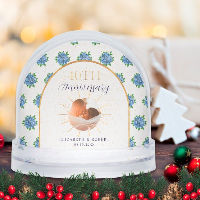 Blue Hydrangeas Gold Custom Photo 40th Anniversary Snowglobe (Creator Uploaded)