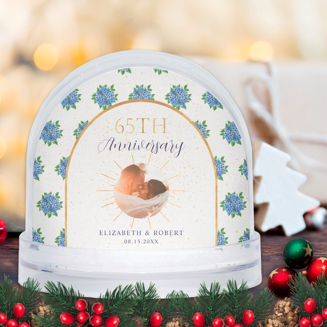 Blue Hydrangeas Gold Custom Photo 65th Anniversary Snowglobe (Creator Uploaded)