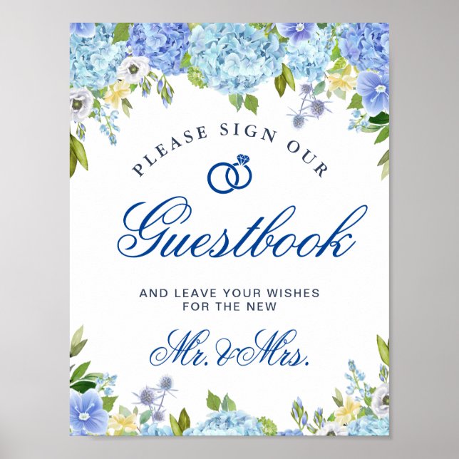 Blue Hydrangeas Greenery Sign Our Guestbook Poster (Front)