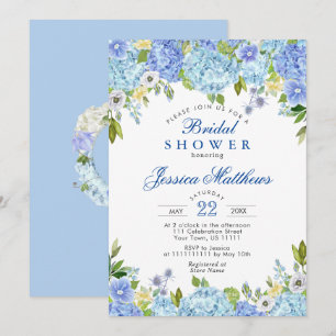 Blue Hydrangeas Greenery Watercolor Bridal Shower Invitation