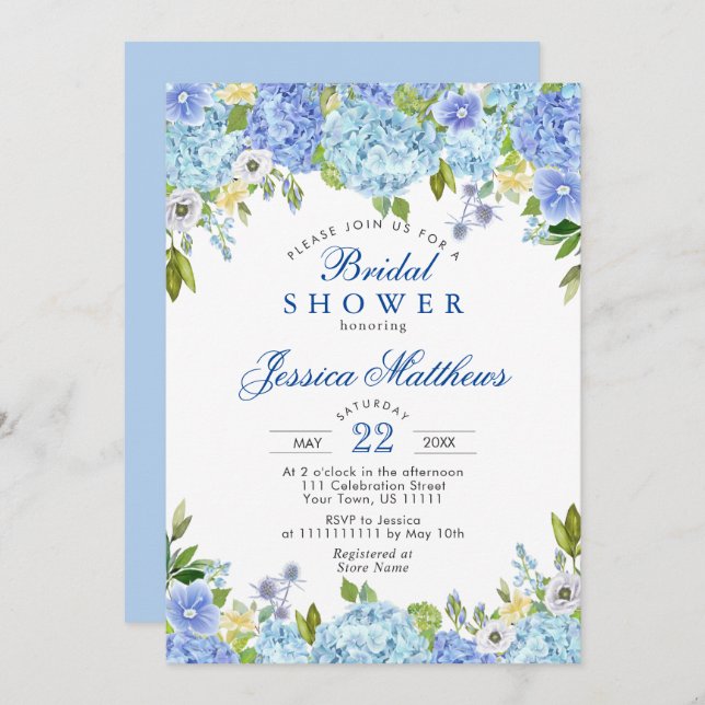 Blue Hydrangeas Greenery Watercolor Bridal Shower Invitation (Front/Back)
