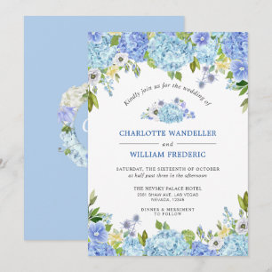 Blue Hydrangeas Greenery Watercolor Wedding Invitation