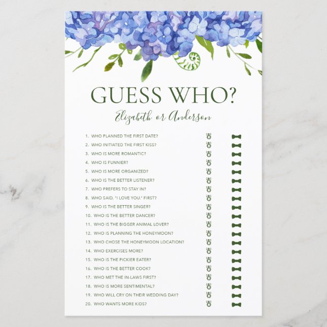 Blue Hydrangeas Guess Who Bridal Shower Game (Front)