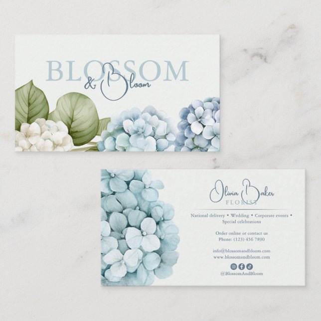 Blue Hydrangeas Handwritten Script Floral  Business Card (Front/Back)