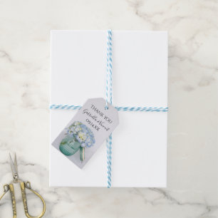 Blue Hydrangeas in Blue Jar Vase Wedding Favour Ta Gift Tags