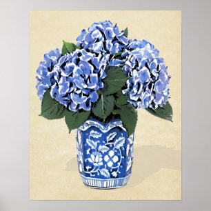 Blue Hydrangeas in Blue Pot on Parchment Paper Poster