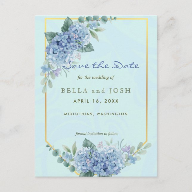 Blue Hydrangeas in Frame in Blue Save the Date Postcard (Front)