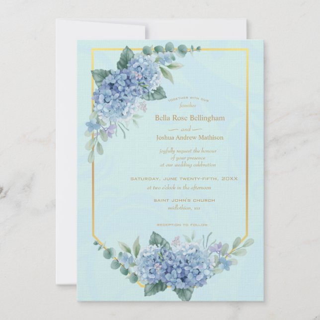 Blue Hydrangeas in Frame Wedding in Blue Invitation (Front)