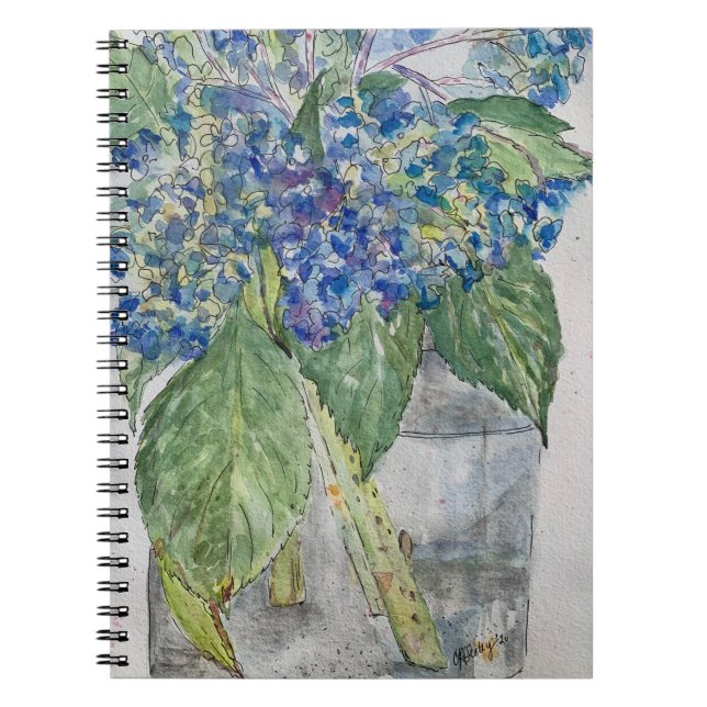 Blue Hydrangeas in Water spiral notebook (Front)