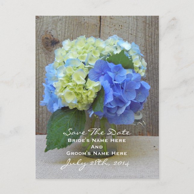 Blue Hydrangeas Mason Jar Save The Date Postcard (Front)