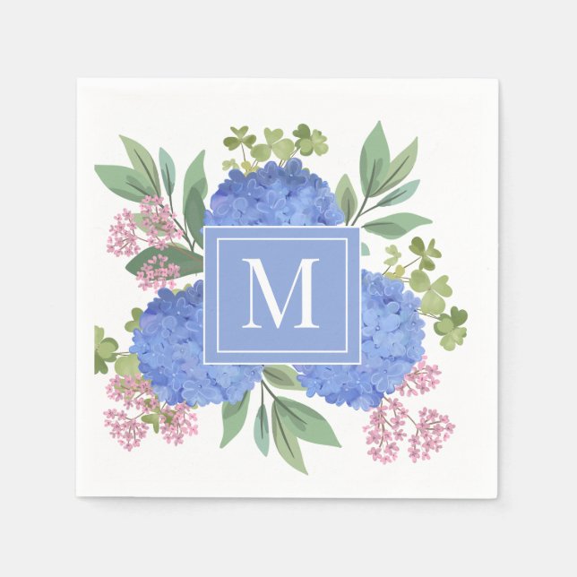 Blue Hydrangeas Modern Bouquet Custom Monogram  Napkin (Front)