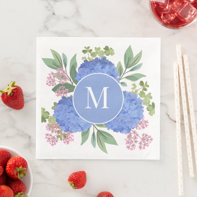 Blue Hydrangeas Modern Bouquet Custom Monogram  Napkin (Insitu)