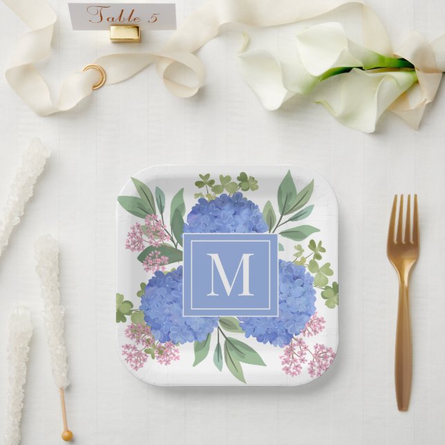 Blue Hydrangeas Modern Bouquet Custom Monogram  Paper Plate (Wedding)