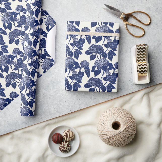 Blue Hydrangeas Modern Floral Pattern Wrapping Paper (Crafts)