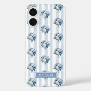 Blue Hydrangeas on Stripes iPhone 16 Case