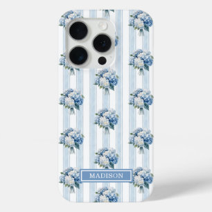 Blue Hydrangeas on Stripes iPhone 15 Pro Case