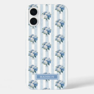 Blue Hydrangeas on Stripes iPhone 16 Plus Case