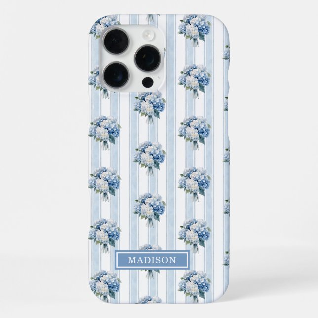 Blue Hydrangeas on Stripes iPhone Case (Back)