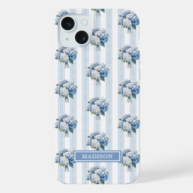 Blue Hydrangeas on Stripes iPhone Case (Back)