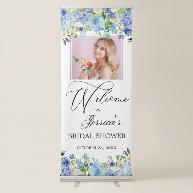 Blue Hydrangeas  PHOTO Bridal Shower Welcome Retractable Banner (Front)