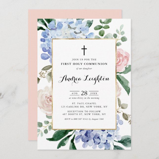 Blue Hydrangeas & Pink Roses First Holy Communion Invitation (Front/Back)