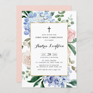 Blue Hydrangeas & Pink Roses First Holy Communion Invitation