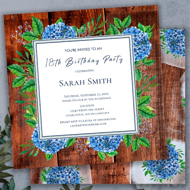 Blue Hydrangeas Rustic Wood 18th Birthday Party  Invitation (Creator Uploaded)