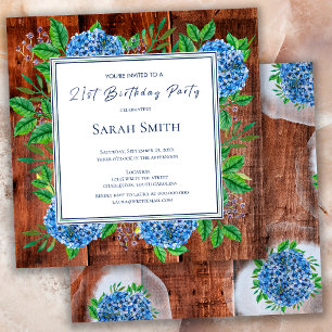 Blue Hydrangeas Rustic Wood 21st Birthday Party Invitation